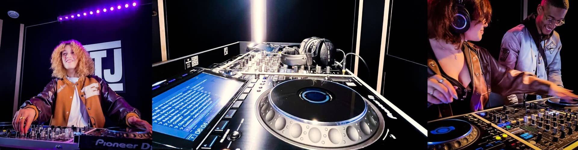 Femme avec CDJ-3000 et couple de DJ en studio