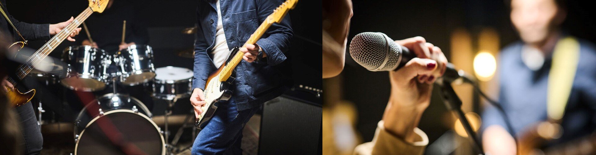 Groupe avec bassiste, guitariste et chanteuse dans un studio de répétition